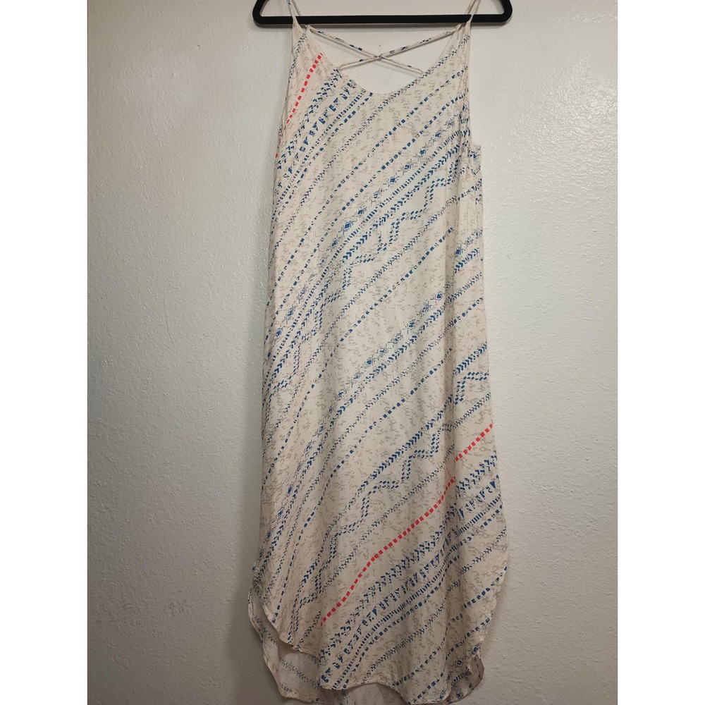 Lush Womens Small Cream Blue Red Geometric Lace Up Back High Low Midi Dress